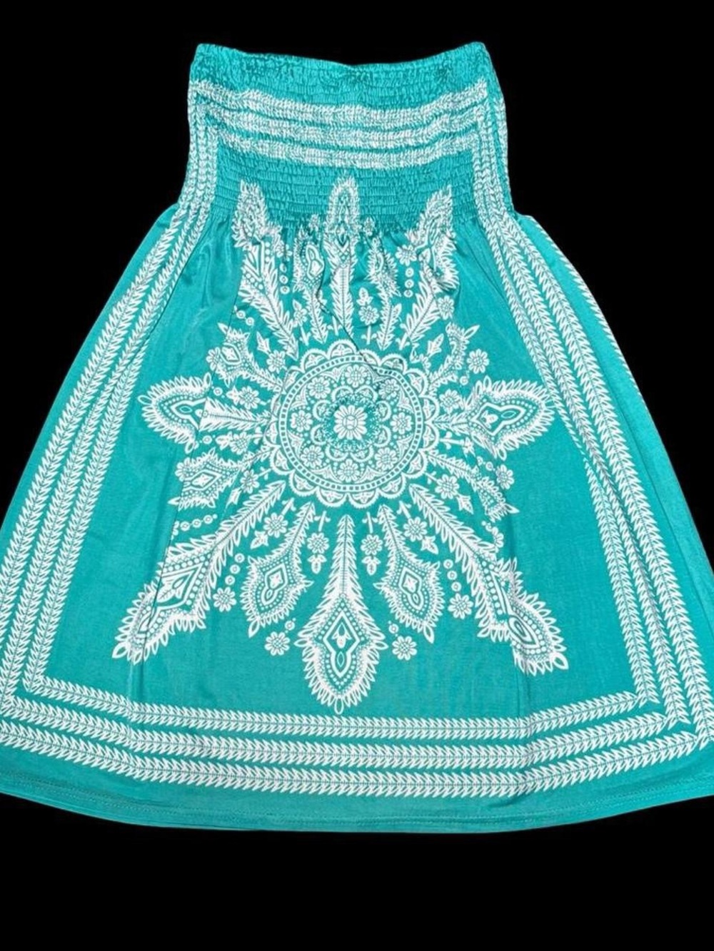 Women’s Teal Smocked Waist Circle Dress with White Mandala Print